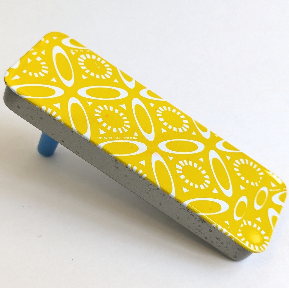 Vintage Made in USA Tin Litho Noisemaker Toy- Yellow Blue Mod Atomic Collectible